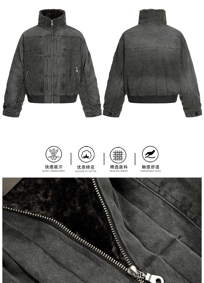 PFNW American Retro Washed Padded Jacket Men's Loose Long Sleeve Faux Fur Collar Zipper Winter Streetwear Coat Tide 12E1091