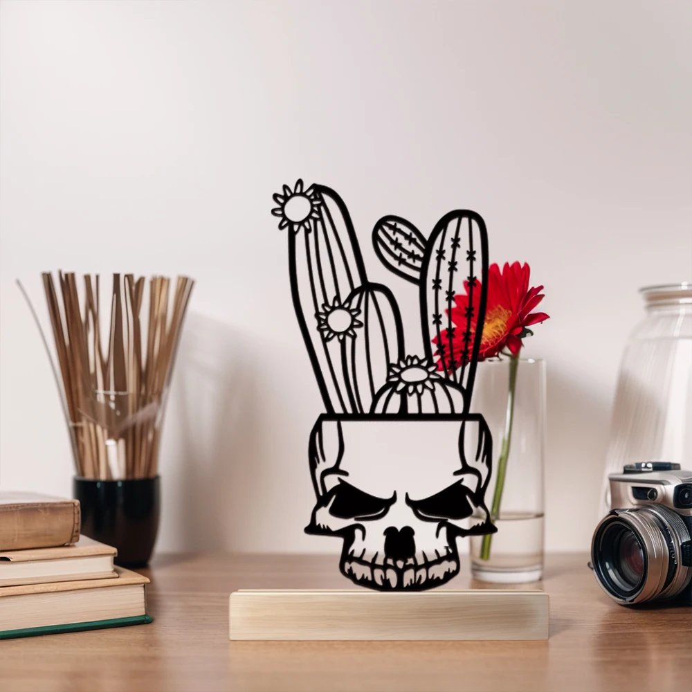 

Minimalist Skull potted cactus Iron Statue With Wood Base Metal Sculpture With Wood Base Iron Ornament