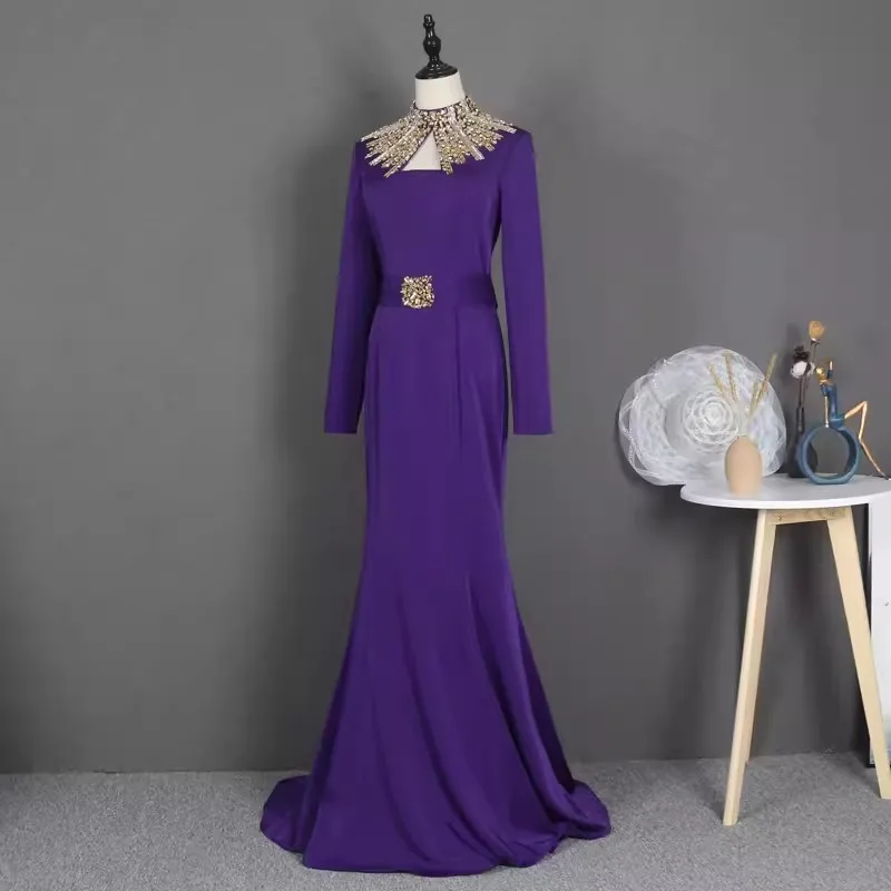 

Real Picture Luxury Purple Long Sleev Evening Dresses High Neck Crystal Satin Women Formal Occasion Dress Arabic Party Gown