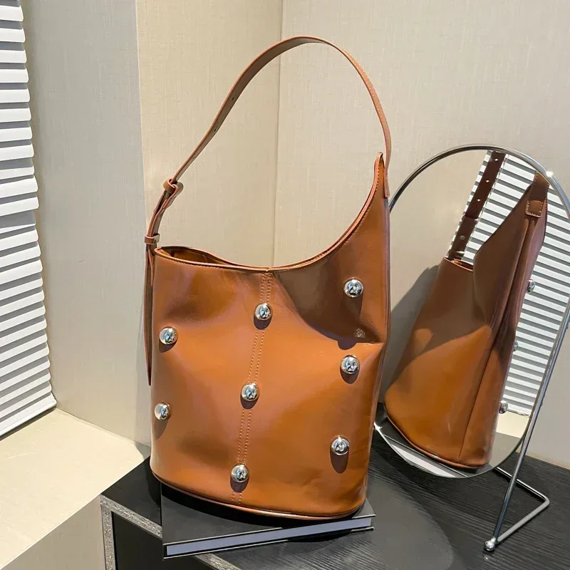 Solid Color Rivet PU 2025 High Quality Bucket Shoulder Bag Buckle Popular Fashion Crossbody Bag Soft Versatile Simple Handbag