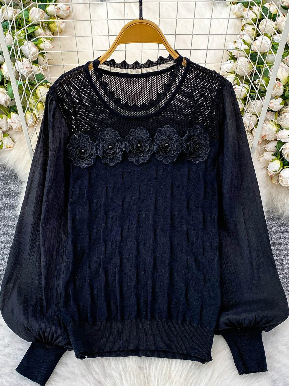 Chic Knitted round Ne Sweater Women's Autumn Faion Design Sensation Small  Exquisite 3D Flower Splicing Lantern S...