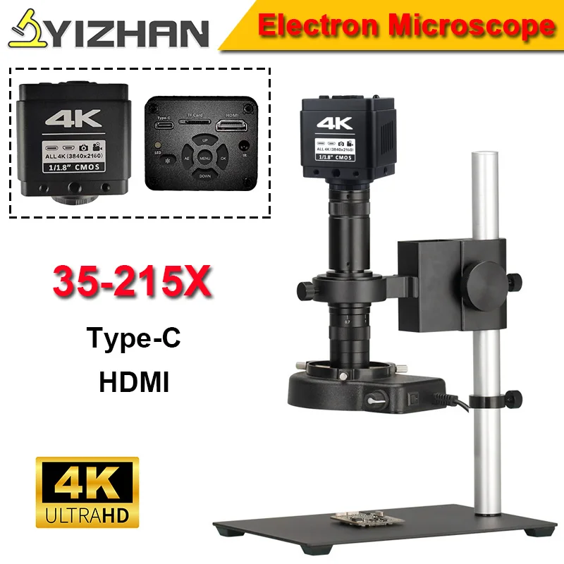 4K Digital Microscope for Electronics 215X Adjustable Zoom Lens C-mount Industrial Camera With Ring Light Bracket Phone Repair