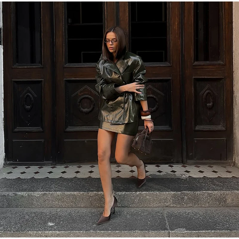 Solid PU Leather Women's Jacket Mini Skirt Set Lapel Neck Full Sleeve Double Breasted Coat Suit 2025 Autumn Stylish Edgy Outfit
