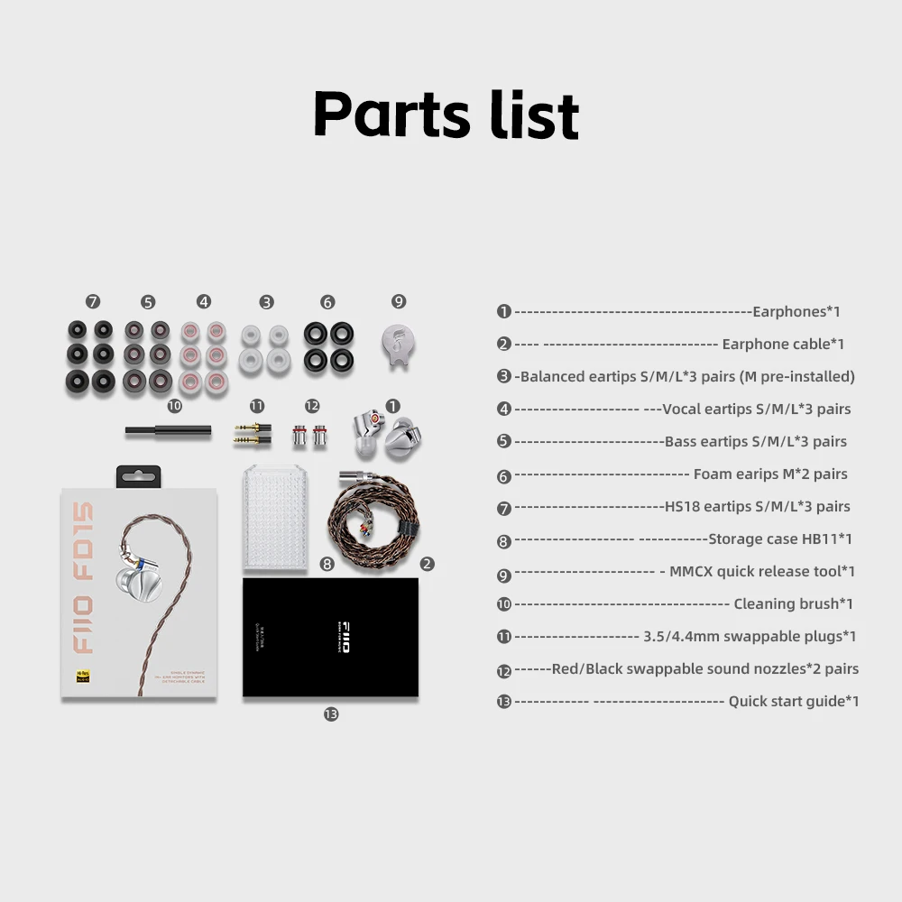 FiiO FD15 매그날륨 DLC HiFi 다이나믹 드라이버 인이어 이어폰, 스테인리스 스틸 쉘, 분리형 MMCX 케이블 포함, 13.8mm