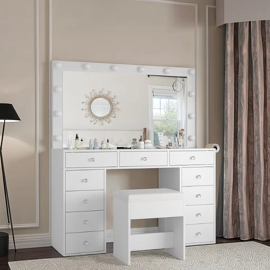 Dressing Table Vanity With Lighted Mirror - *Modern White Lighted Color Mirror Bedroom