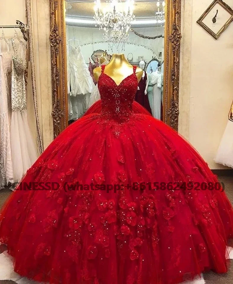 

Red V Neck Floral Flower Quinceanera Prom Dresses Spaghetti Strap Beaded 15 Sweet Party Gowns vestidos de 15 años