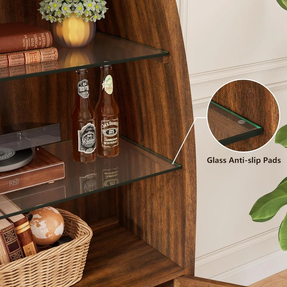 خزانة كتب خشبية على شكل قارب مكونة من 5 طبقات مع أرفف زجاجية ورف عرض ومبواب وخزانة تخزين وأثاث منزلي حديث #4