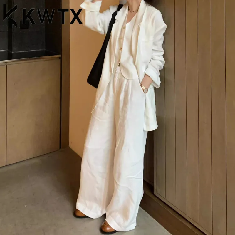 

KWTX Women's Linen 3 Piece Suit Set White Blazer Vest Wide Pants Light Luxury Elegant Chic Casual Premium Spring Summer 2025