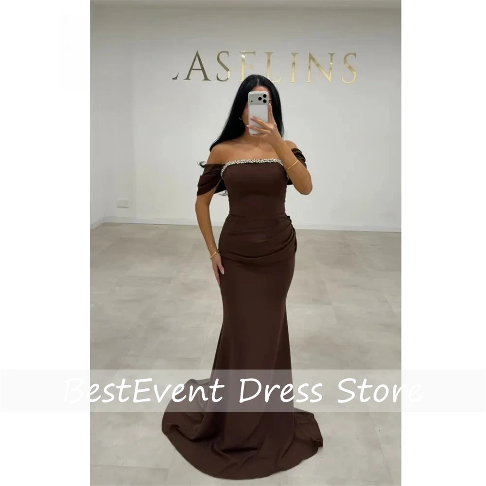 

Индивидуальные коричневые вечерние платья с открытыми плечами, украшенные стразами, для роскошных вечеринок, длинные элегантные женские платья для торжеств