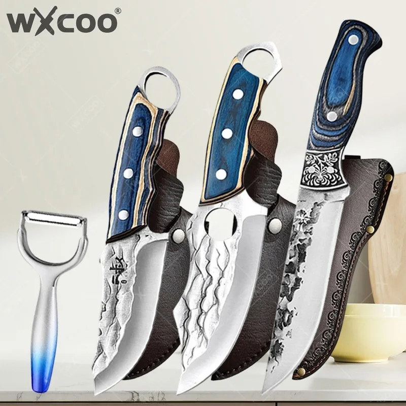 WXCOO Butcher Knife Meat Cleaver Kitchen Boning Knife Forged Hammer Pattern Stainless Steel Cookware Wooden-handled