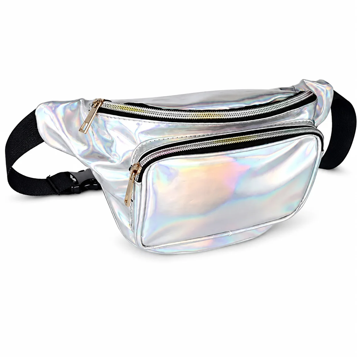 

Holographic Fanny Pack for Women Shiny Waist Bag with 2 Zipper Pockets Adjustable Strap Fashion Crossbody Chest Bag for Travel F