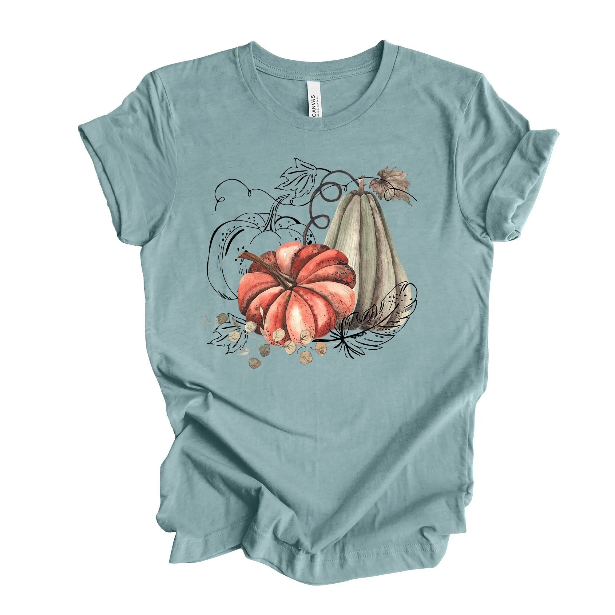 Fall T Shirt Beautiful Pumpkin And Gourd Watercolor Design On Premium Unisex 3 Color Choices 3X 4X Halloween