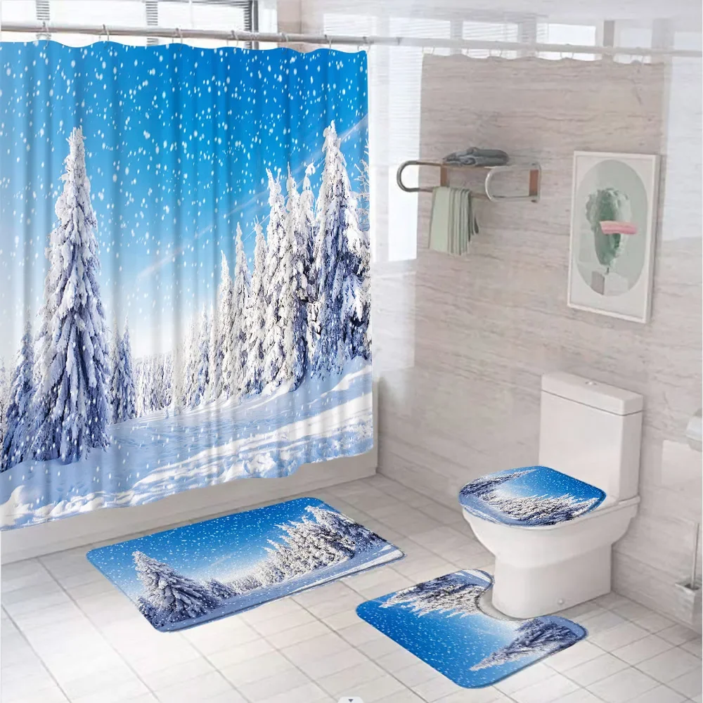 Winter Shower Curtain Set Natural Forest Snowflake Snowfall Cedar Tree Landscape Flannel Bath Mat Bathroom Rug Toilet Seat Cover