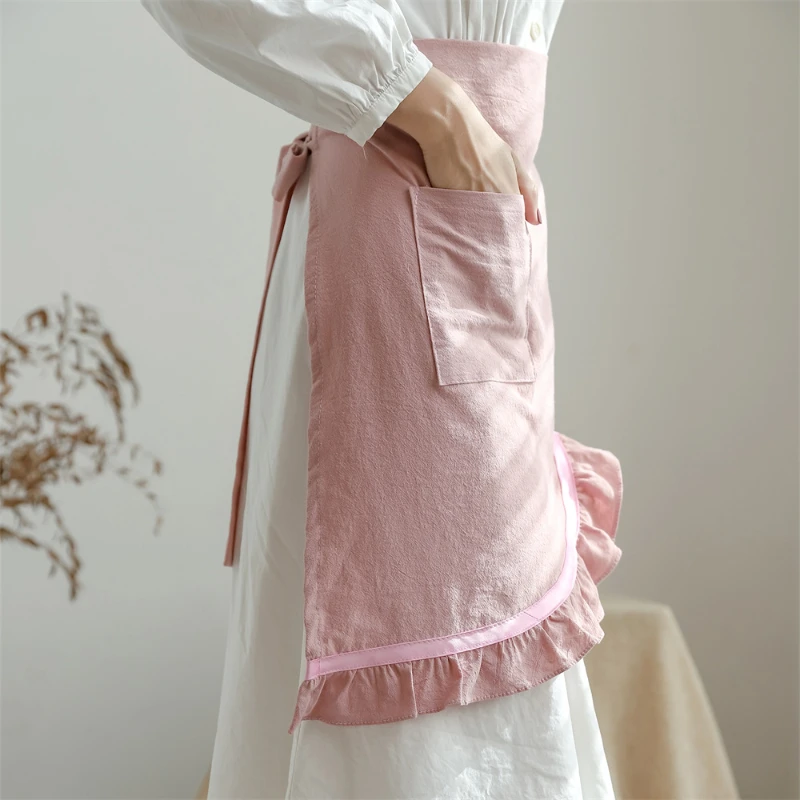 Apron Antifouling Cotton Lotus Leaf Lace Half Length Apron Household Kitchen Baking Floral Art Gardening Korean Style