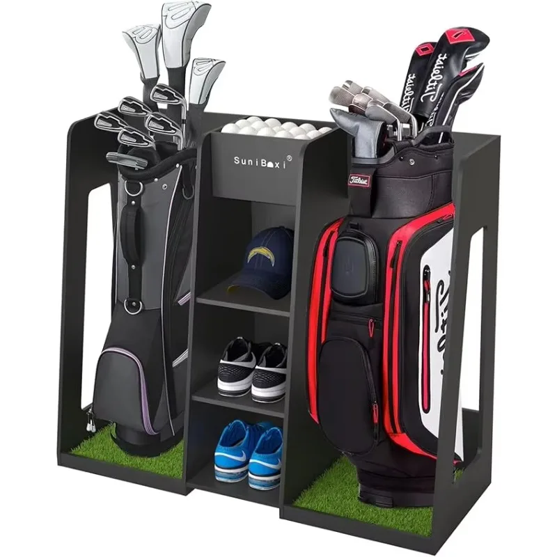 Golf Bag Organizer Storage Rack Stand Holder Fits 2 Extra Large Golf Club Bags and Multiple Golfing Equipment Accessories