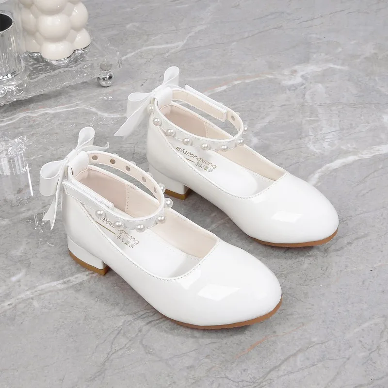 

Girls' White Leather Shoes Ankle Strap New Children Mary Jane Shoes for Princess Dress Elegant Bowknot Kids Party Wedding Shoes