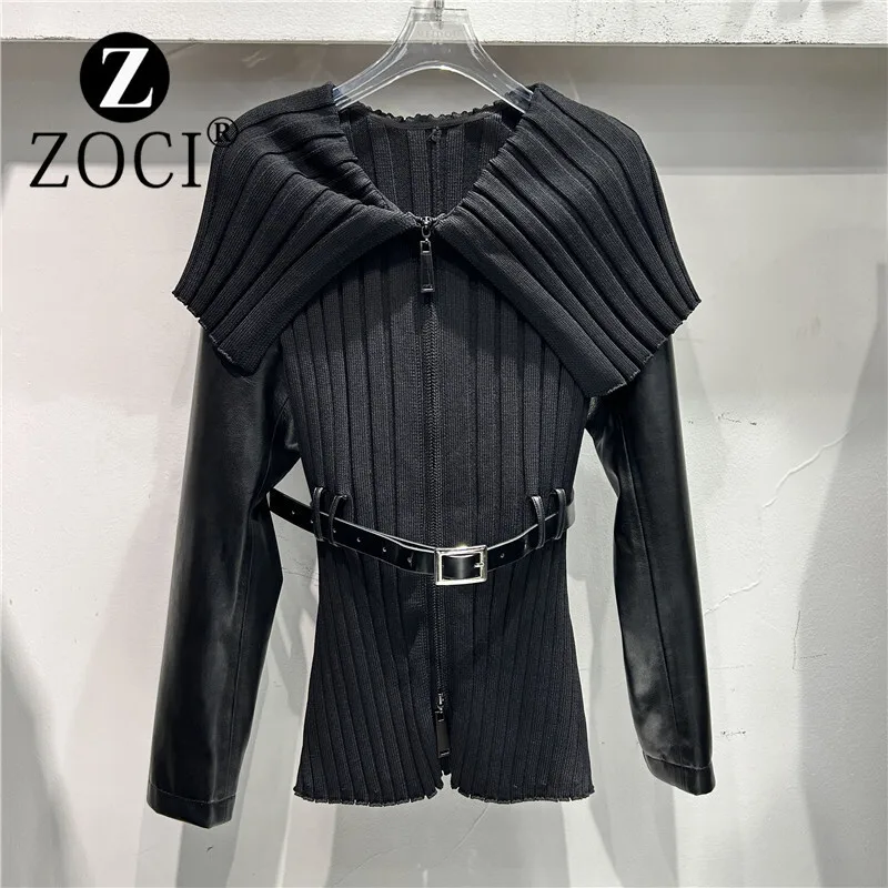 [ZOCI] Wind Autumn New Style Girl Big Collar, Waist PU Leather Sleeves, Niche Design, Knitted Sweater Women