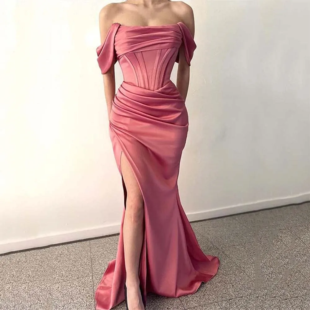 

Pink Evening Dresses Off Shoulder Pleats Front Slit Boat Neckline Mermaid Formal Party Prom Gowns Women Elegant Custom made