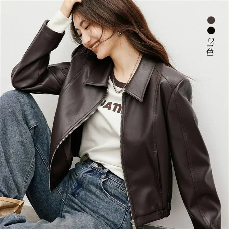 

Fashion PU Leather Jacket Women's 2025 Spring Autumn New Leather Coat Female Sweet Short Overwear Temperament Locomotive Outcoat