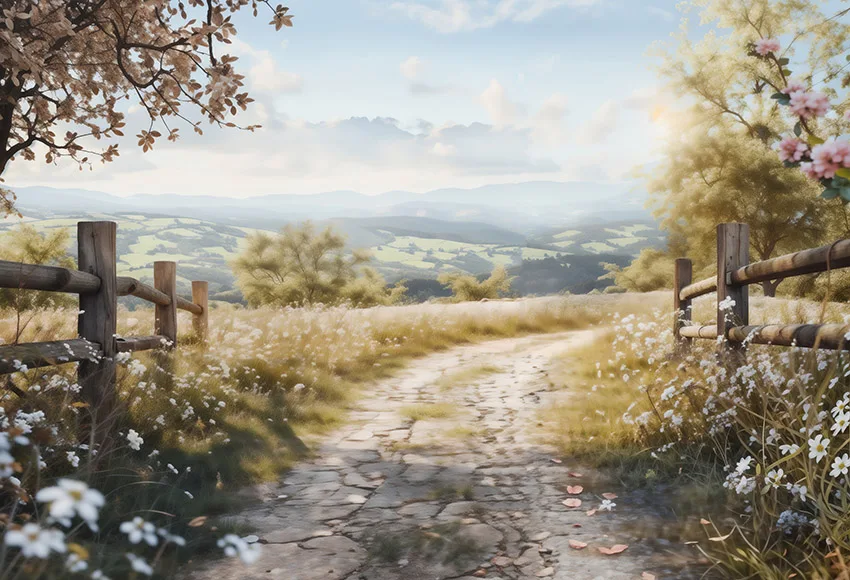 Mehofond-Fondo de fotografía para niños, pintura al óleo de primavera, pueblo, camino, fiesta de cumpleaños, flor, hierba, árbol, decoración de fondo, zona de fotos