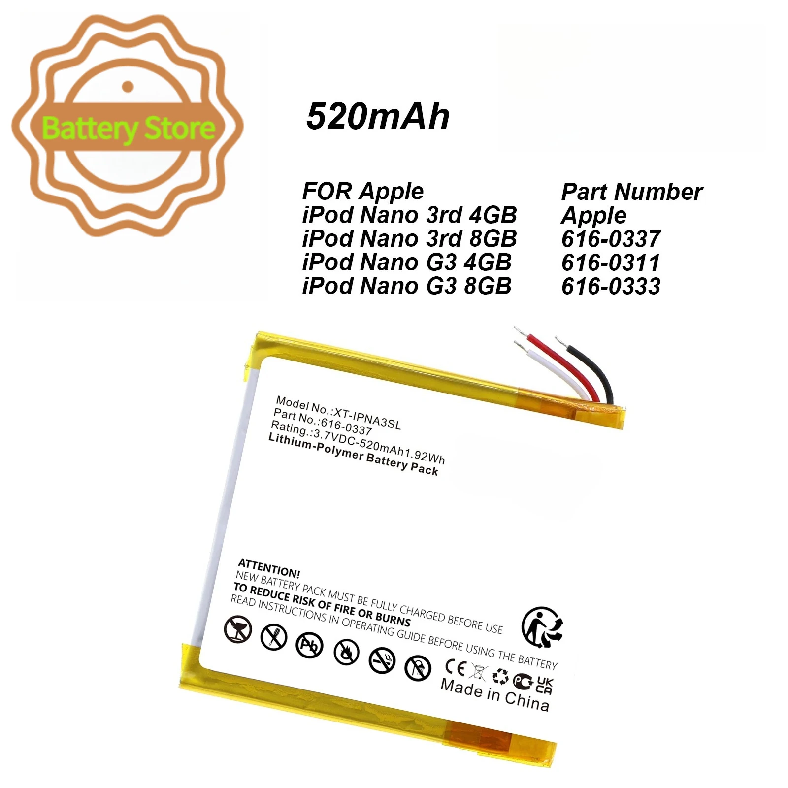 520mAh 616-0337 Replacement Battery For Apple ipod Nano 3 3G 3rd 3Gen Generation 3TH MP3 A1236 Nano3 Battery + Free Tools