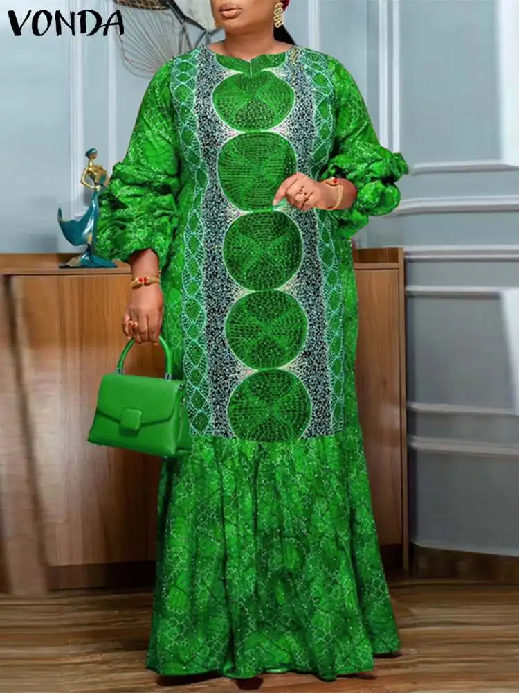 VONDA Oversized Women Maxi Dress 2024 Bohemian Long Puff Sleeve Casual Vintage Printed Sundress Loose Fashion O-Neck Party Robe