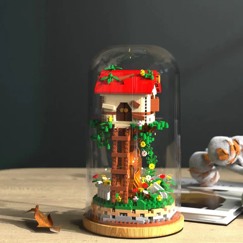 Casa sull'albero Micro Building Blocks diamante assemblato modello 3D fai da te foresta Mini mattoni figura giocattoli con espositore