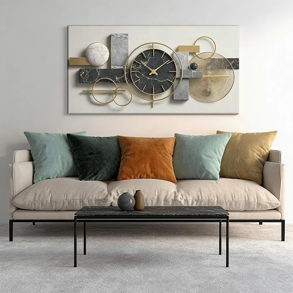 

Large-sized solid wood frame canvas painting 1pc Wall clock, marble gold accents.