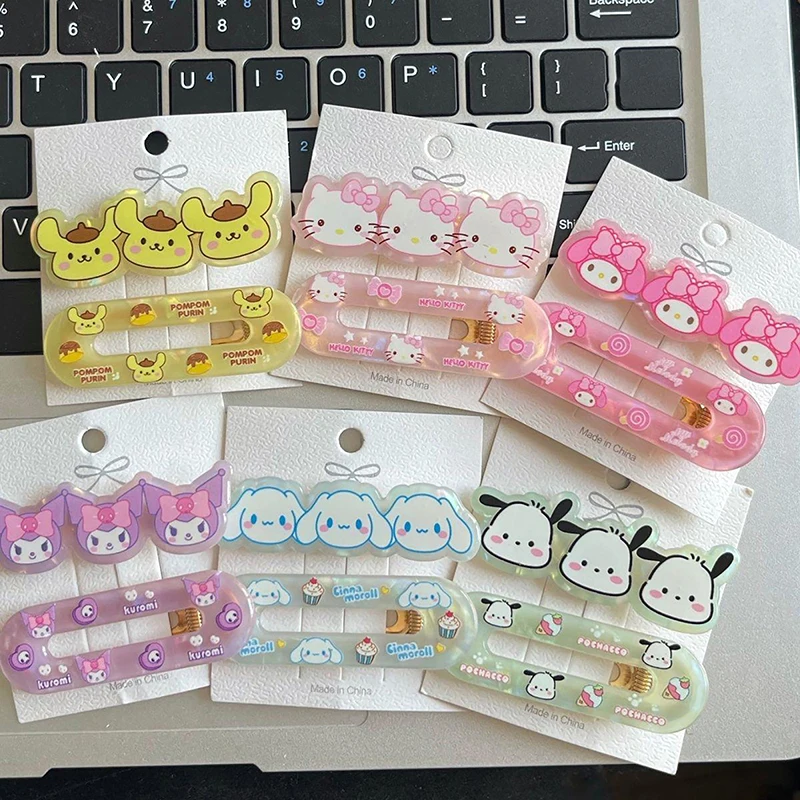 2PCS Anime Kawaii Sanrio Hello Kitty Acrylic Hairpin Kuromi Cinnamoroll Girl Children Cute Bangs Clip Hair Accessories Kids Gift