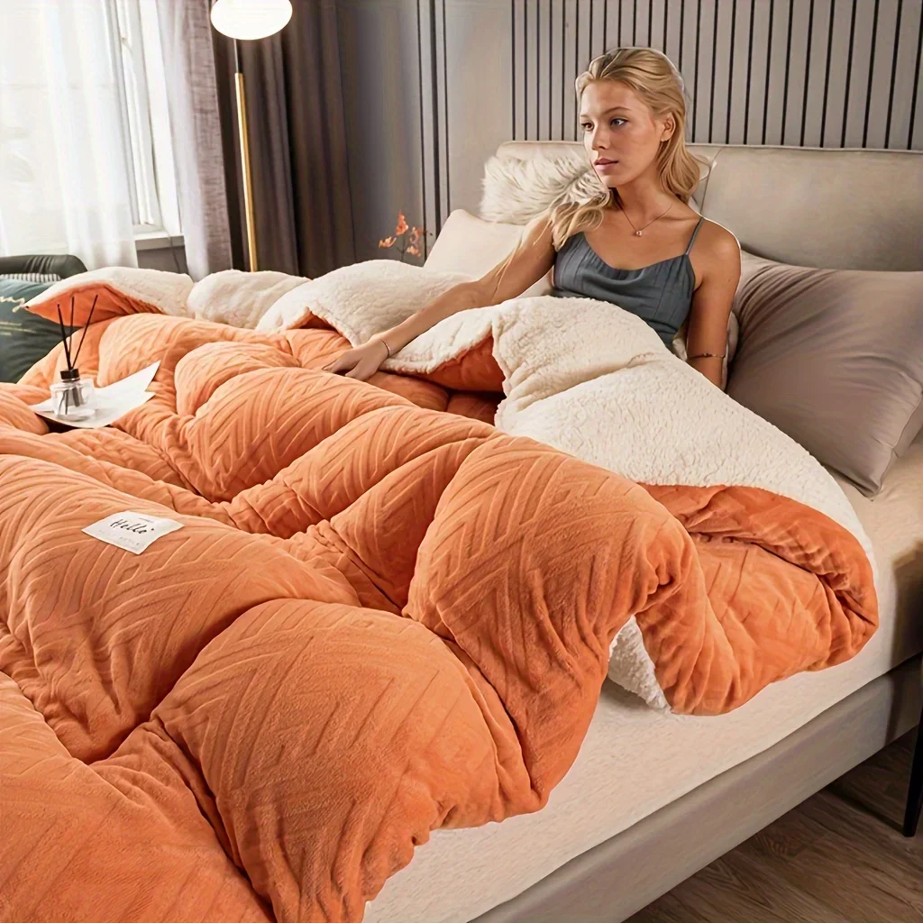yesEmbossed Velvet Thickened Warm Winter Comforter Soft Solid Color Coral Fleece Weighted Blanket for Bed Queen Size Sleeping Qu