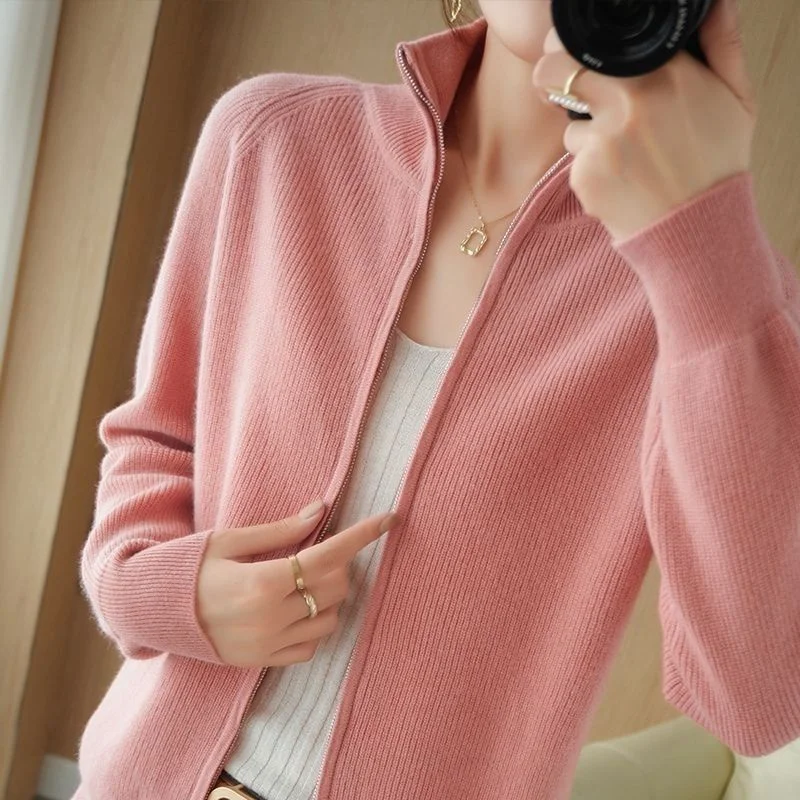 Solid Color Zipper Jacket Autumn New Knitted Sweater Cardigan Women\'s Standing High Neck Loose Slimming Knitted Sweater Spring