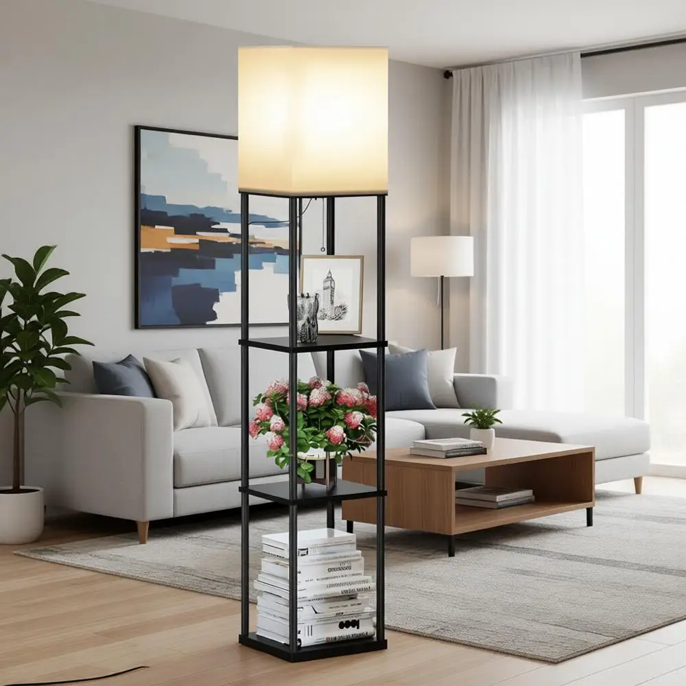 

Floor Lamp with Shelves, Square Standing Lamp with 3 Color Temperature Bulb, Display Bookshelf Lamp or Living Room and Bedroom (