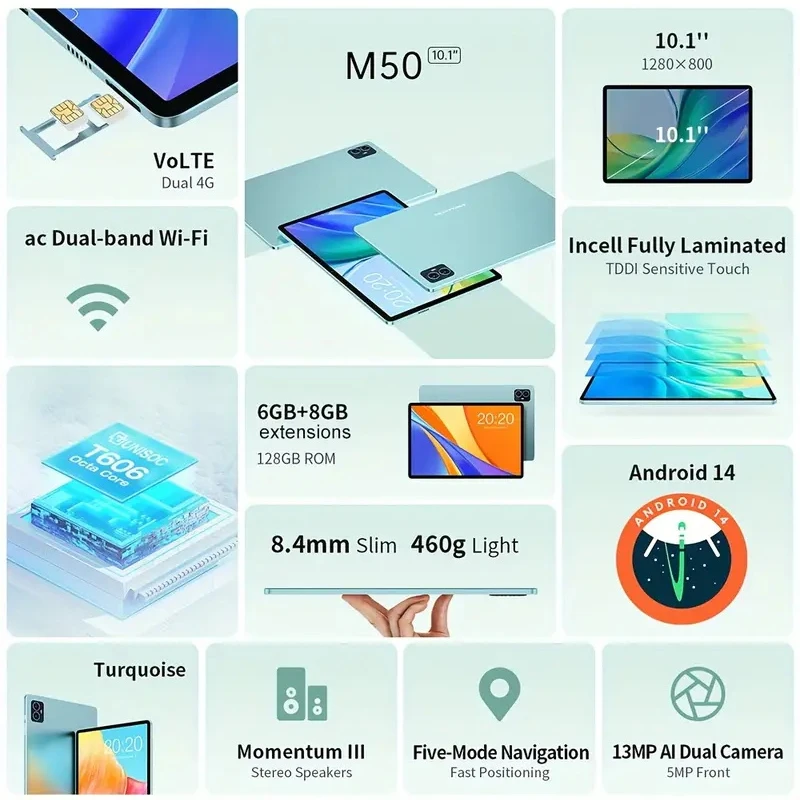 Teclast M50 10,1 inch TDDI Incell x 800 Android 14 Tablet (6 + 6) 12GB RAM GB ROM Unisoc T606 8 core ducal SIM 4G phone case