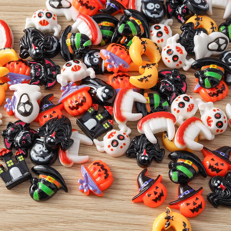 Tusember 10 Stück Halloween-Anhänger aus Harz, flache Rückseite, Kawaii-Motiv: Mond, Spinne, Fledermaus, Kürbis, Geist für DIY-Nagelkunst, Haarspangen, Broschen-Dekoration – Detail 3