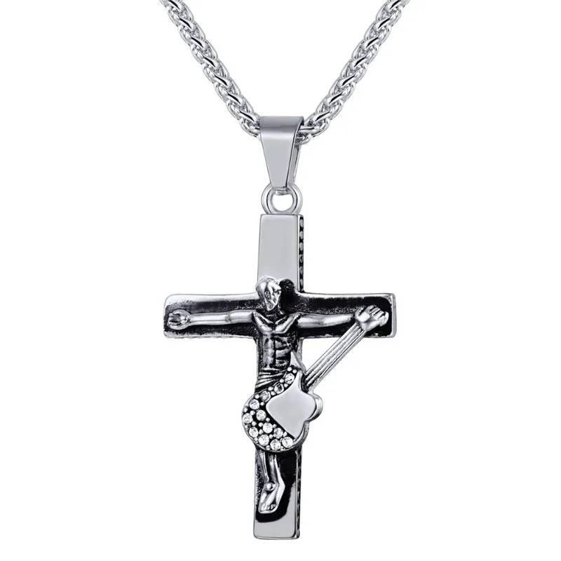 Stainless Steel Punk Rock Crucifix Jesus Guitar Pendants Necklace for Men Women Fashion Accessaries Good Gifts for Friends