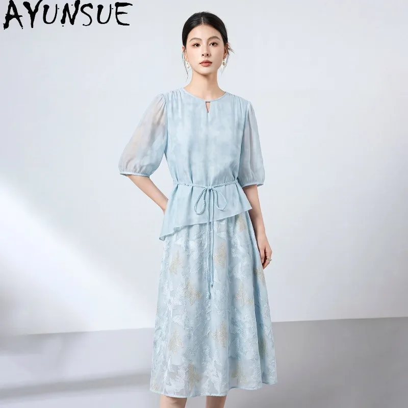 

AYUNSUE 100% Silk Dresses for Women Fashion Blue Dress 2026 Woman Elegant Wedding Guest Dresses Summer Woman Clothes Vestidos