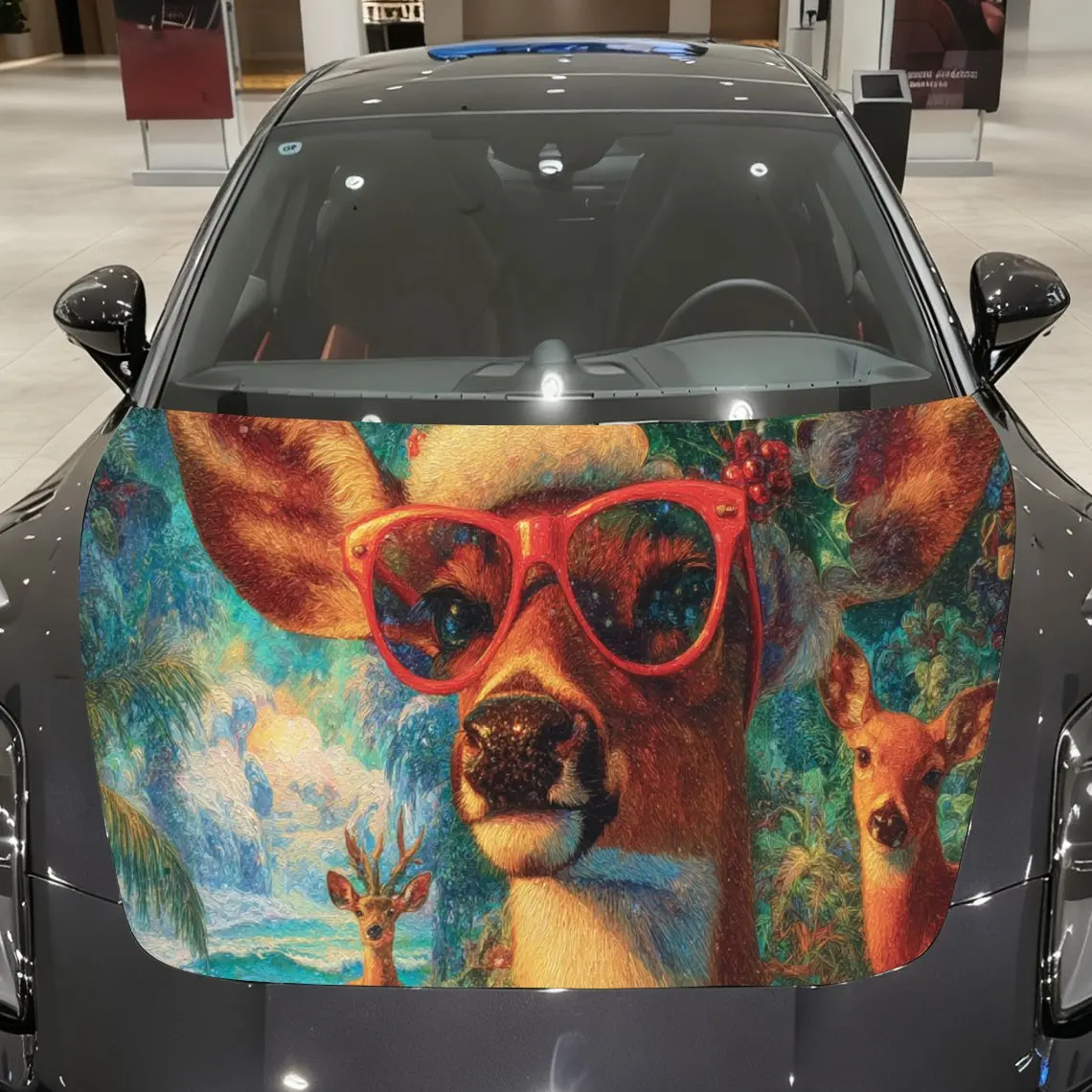

Joyful Christmas Deer Pair with Sunglasses Car Hood Decal, Waterproof Self-adhesive Vehicle Vinyl Wraps Sticker, Cool Auto Cover