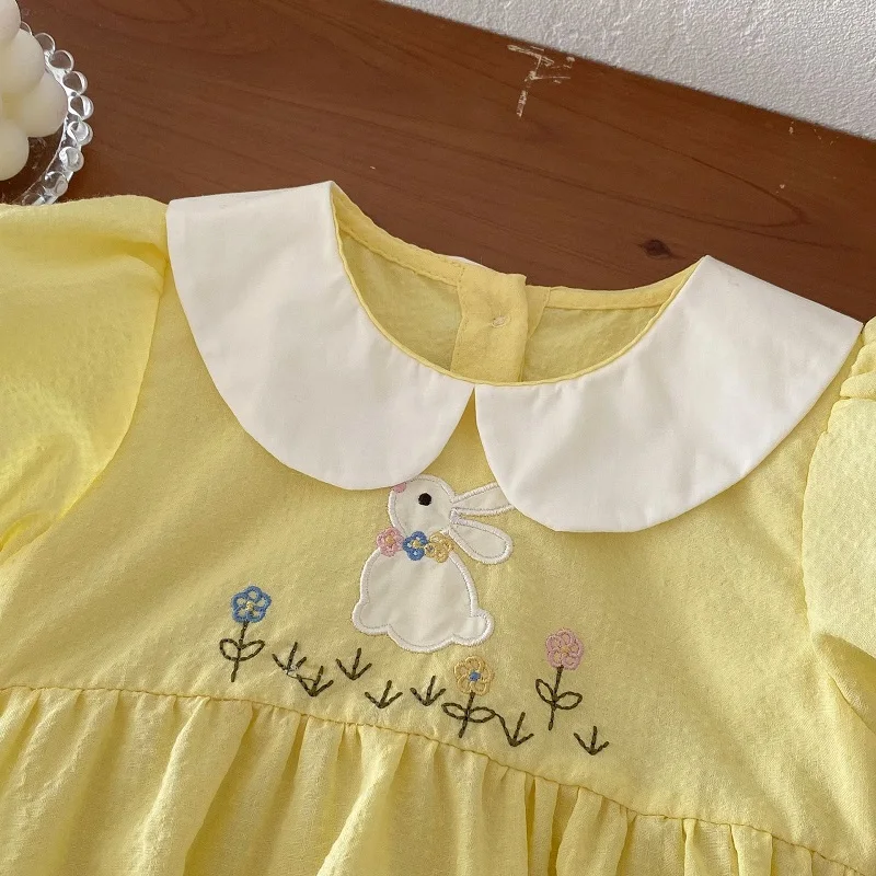 Cute Baby Girl Romper 0-2Years Newborn Princess Short Sleeve Peter Pan Collar Embroidery Rabbit Cotton Bodysuit Summer Clothes