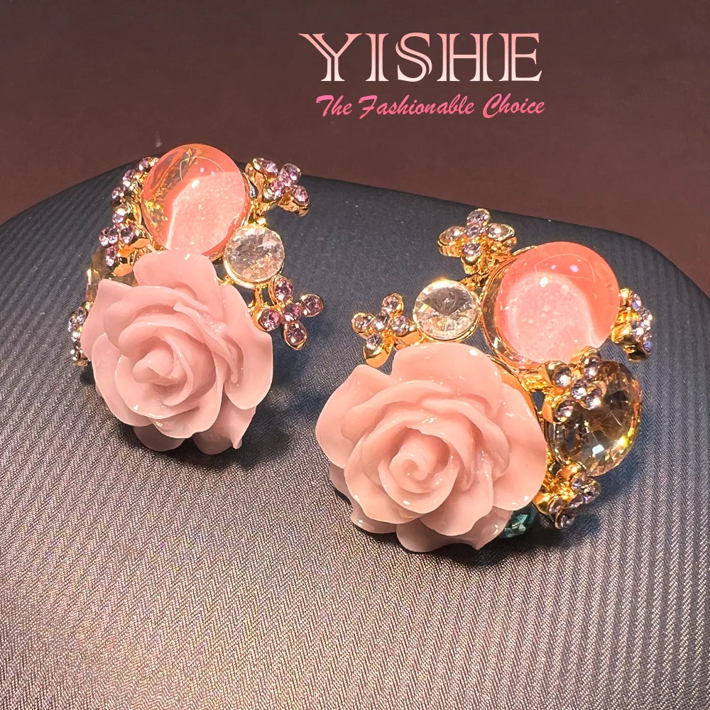 New Chinese-style flower pink three-dimensional stud earrings, national style, court style, elegant niche and exquisite S925 ear