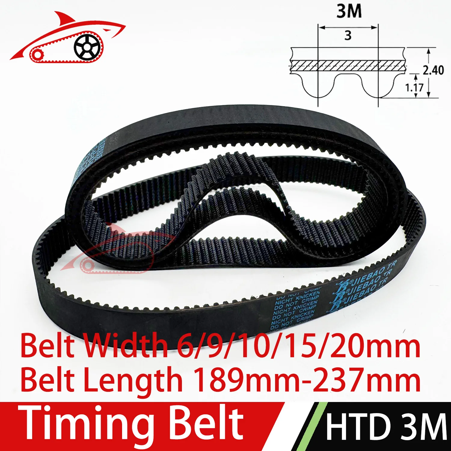 HTD 3M Timing Belt Length 189/192/195/198/201/207/210/225/231/234/237mm Width 6-20mm HTD3M Closed Loop Rubber Synchronous Belt