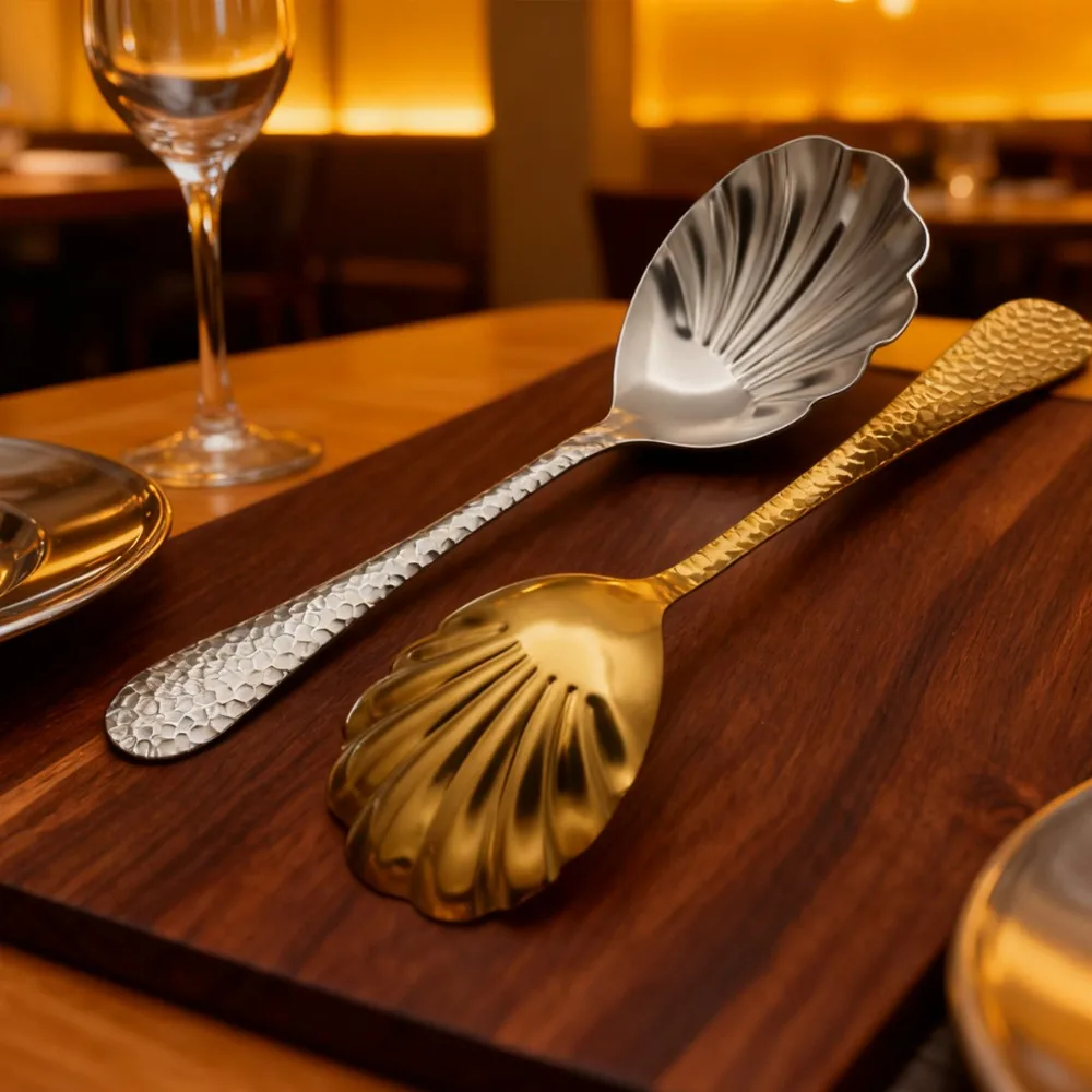 Hammered Patter Handle Shell Shape Soup Spoon Stainless Steel Thickened Serving Scoop Mirror Polishing Large Shared Spoon Hotel