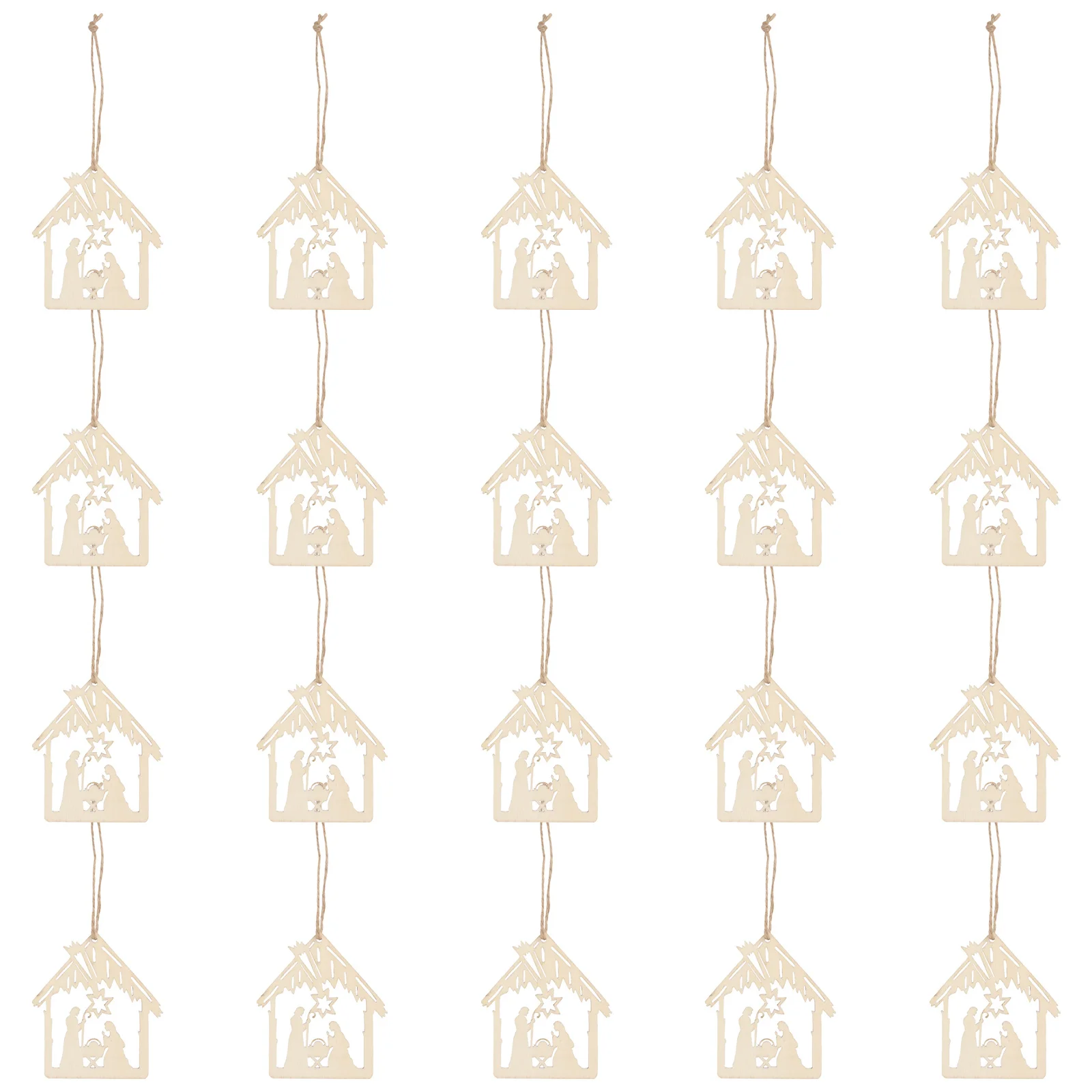 

20Pcs Jesus Birth Wooden Craft Hemp Rope Pendant Khaki Home Decor Religious Festival Ornament The Birth of Jesus Pattern Pendant