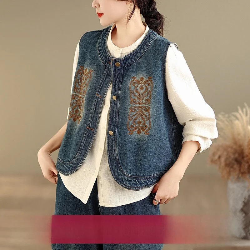 Gilet en Denim brodé pour femmes, coupe ample, vêtements d'extérieur de printemps, décontracté, artistique, polyvalent, grande taille, mélange de coton et de soie