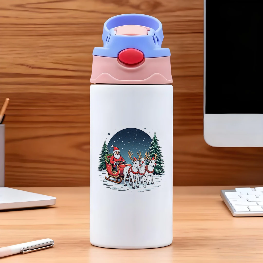 304 스테인리스 스틸 보온컵 + 만화 산타클로스 순록 일러스트 빨대컵 어린이 보온컵 필수 크리스마스 선물