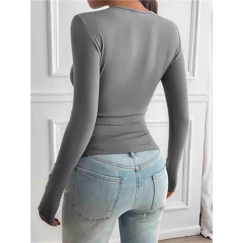 

ABRT-Women Long Sleeve Mesh Deep V Neck Tight Fitted Shirts For Women 2025 Fashion Y2K Shirts