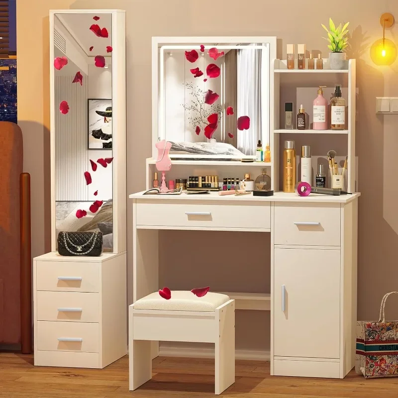 

Makeup Vanity Desk with Lights and Full-Length Mirror, White Vanity Table Set with 3 Lighting Modes, Dressing Table with Drawers