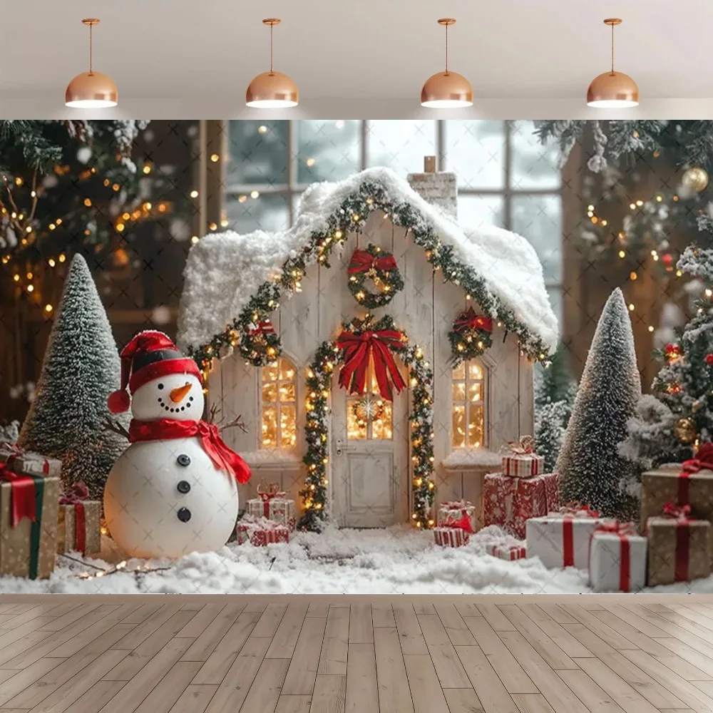 

Winter Christmas Snowman Forest Cabin Photography Background, Christmas Tree Children's Home Decoration Background Photography