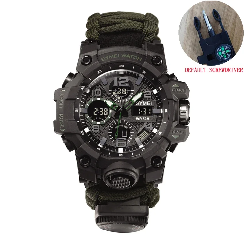 

SHIYUNME мужские часы для выживания на открытом воздухе, многофункциональные водонепроницаемые военные тактические часы из паракорда, компас, термометр, кварцевые часы