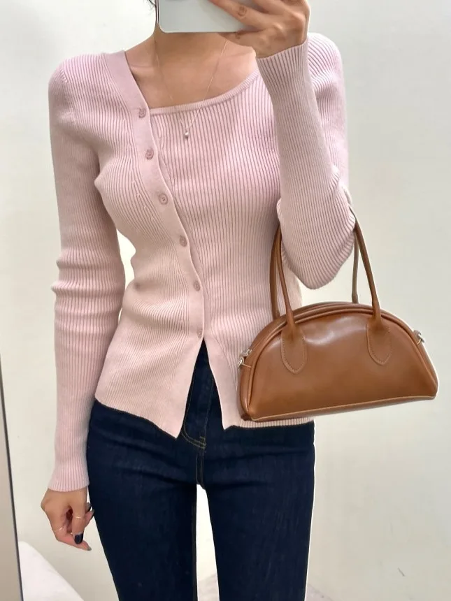 Faionable Lungo Sve Top lavorato a maglia Strato base da donna irt oulder Bared Design Chic Sle Autunno Nuovo arrivo Effetto dimagrante