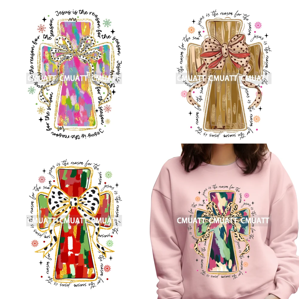 Bright Color Christmas Coquette Bow Jesus Is The Reason Christian Cross Xmas DTF Transfer Printing Stickers Iron On For Garment